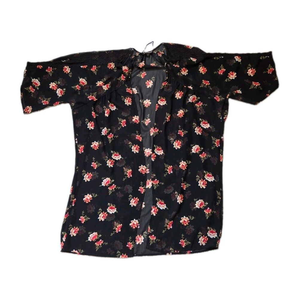 Express Black Floral Sheer Kimono Cardigan Open Front 3/4 Sleeve Womens M EUC